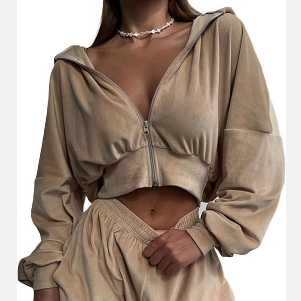 Women’s Tan Cropped Velour Top Hoodie Sweatshirt Front Zipper S